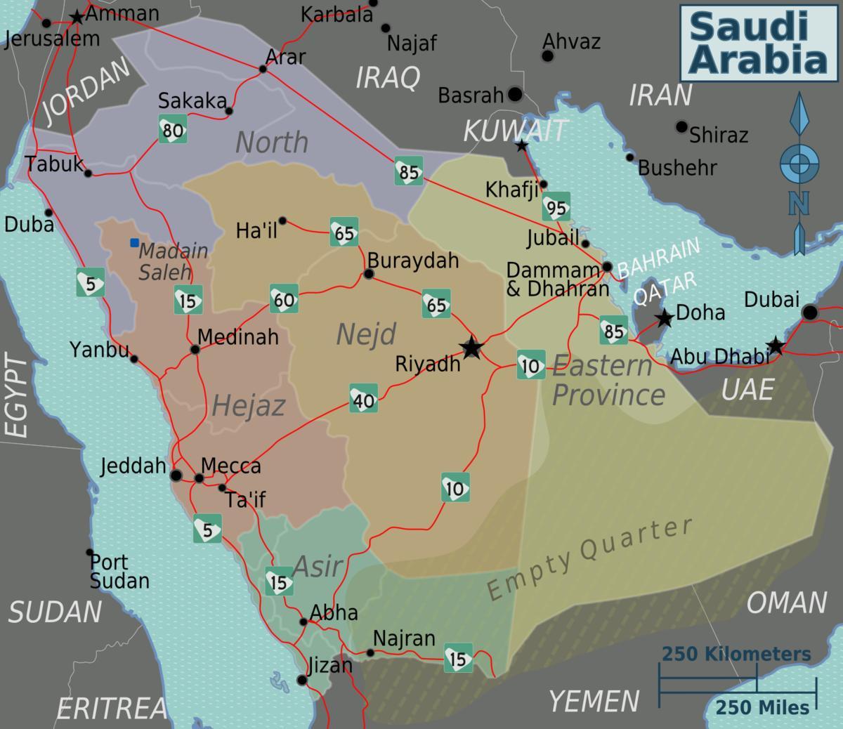 Kort af Sádi Arabíu með borgir fjarlægð