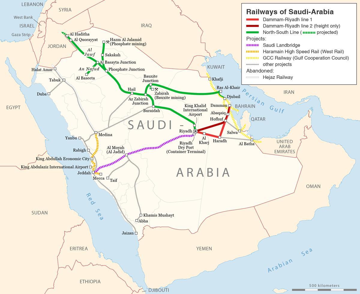 Kort af Sádi Arabíu járnbraut