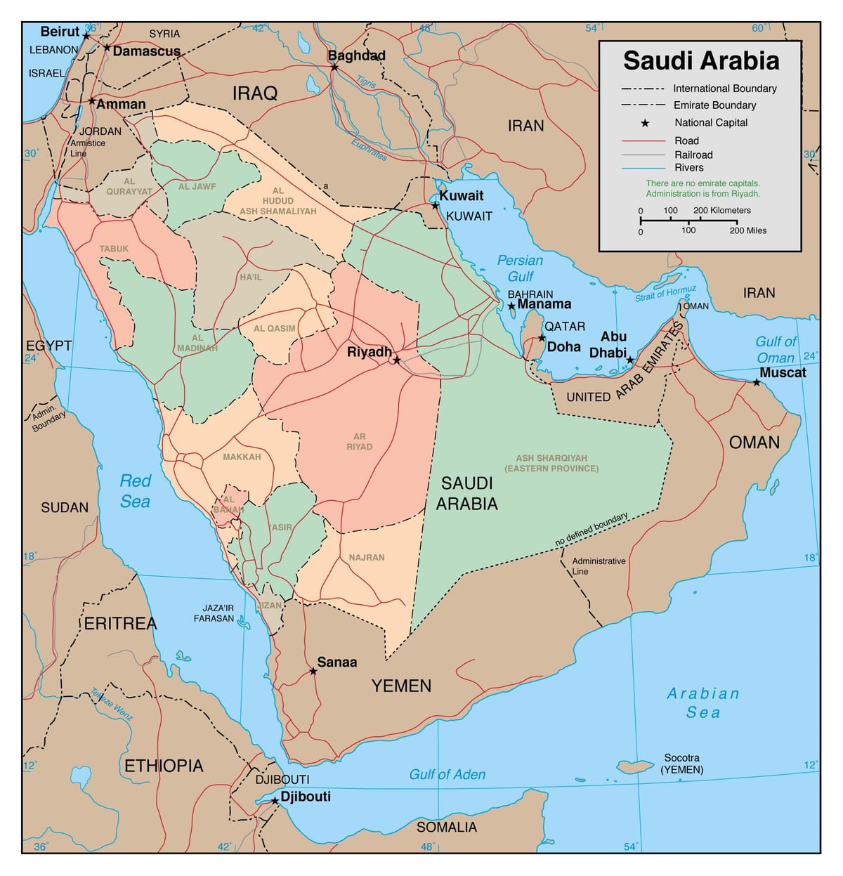 Kort af útlínur Sádi Arabíu með nálægum löndum
