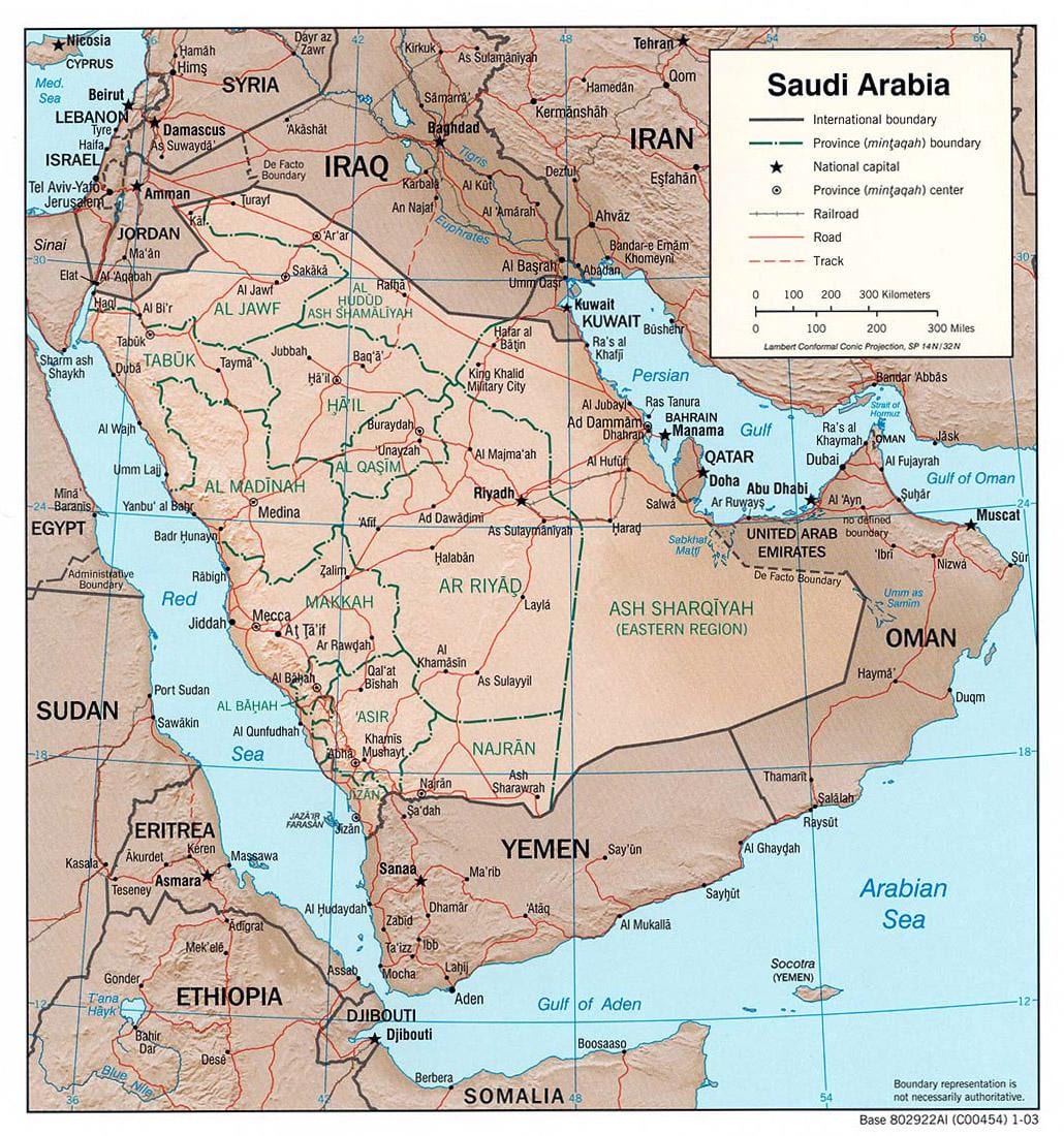 Kort af Sádi Arabíu með borgum á vegum