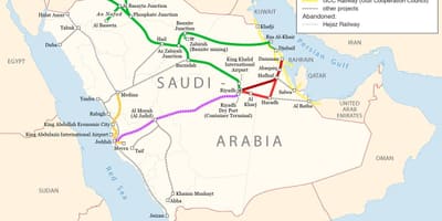 Kort af Sádi Arabíu járnbraut
