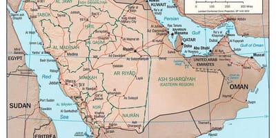Kort af Sádi Arabíu með borgum á vegum
